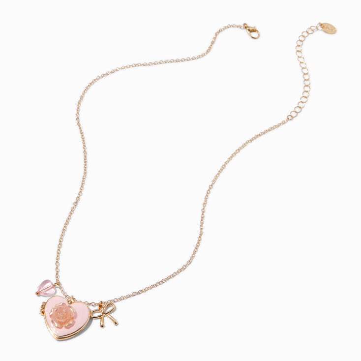 Pink Rose Heart Locket Gold-tone Pendant Necklace,