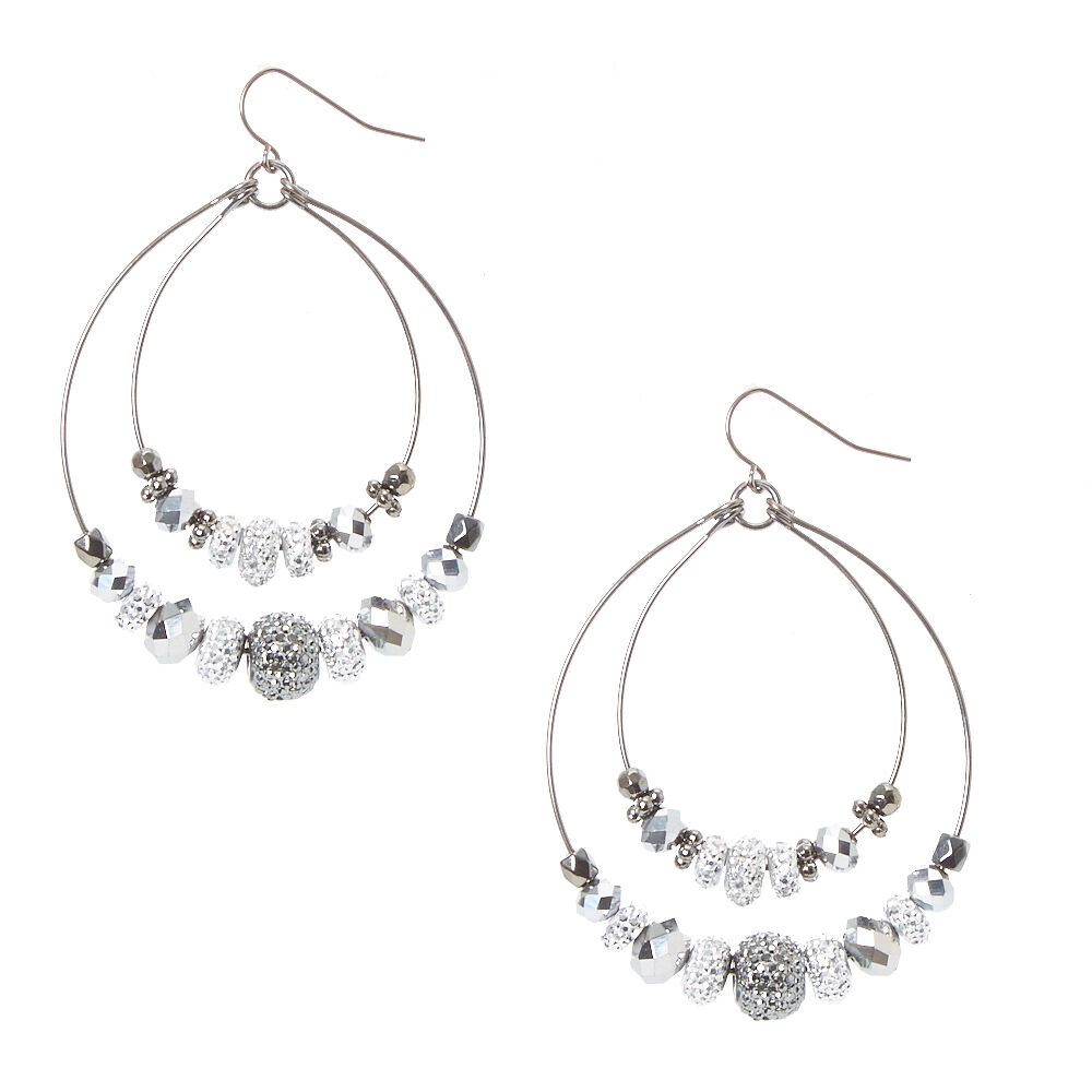 Hematite and Silver Caviar Beaded Double Hoop Earrings,