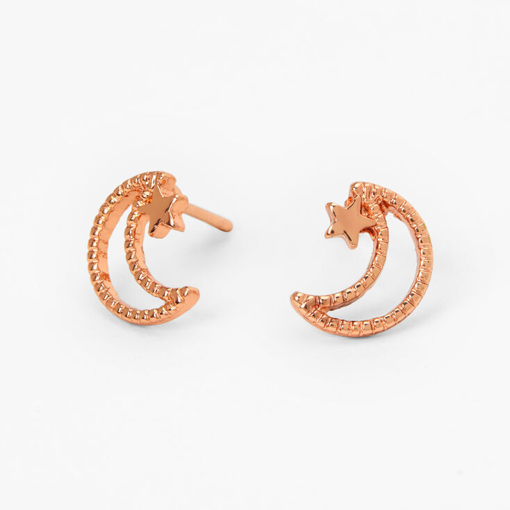 18K Rose Gold Plated Cutout Moon &amp; Star Stud Earrings,