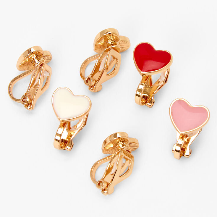 Gold Pink &amp; Red Heart Clip On Stud Earrings - 3 Pack,