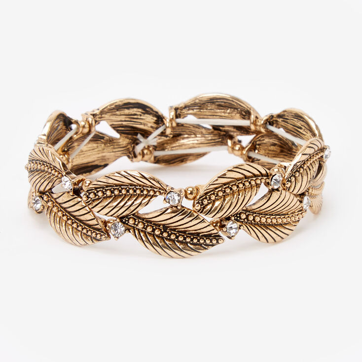 Antique Gold Rhinestone Leaves Stretch Bracelet,