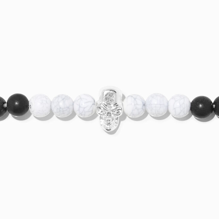 White Marble Beaded Silver Skull Stretch Bracelet,