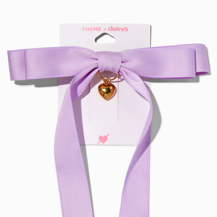 T H E M E x Claire&#39;s Purple Long Tail Gold-tone Heart Charm Hair Bow Clip,