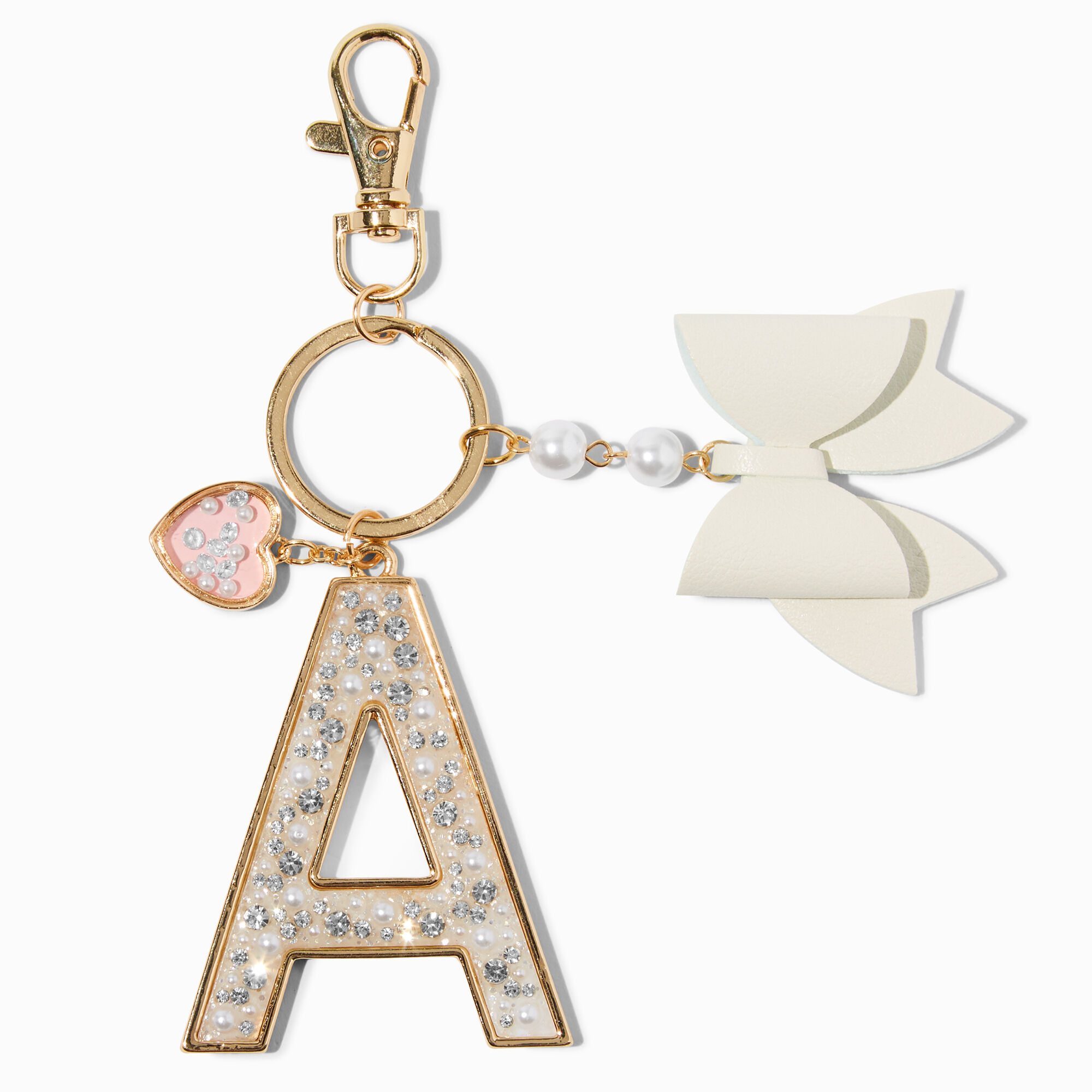 View Claires Pearl Crystal Tone Initial Keychain A Gold information