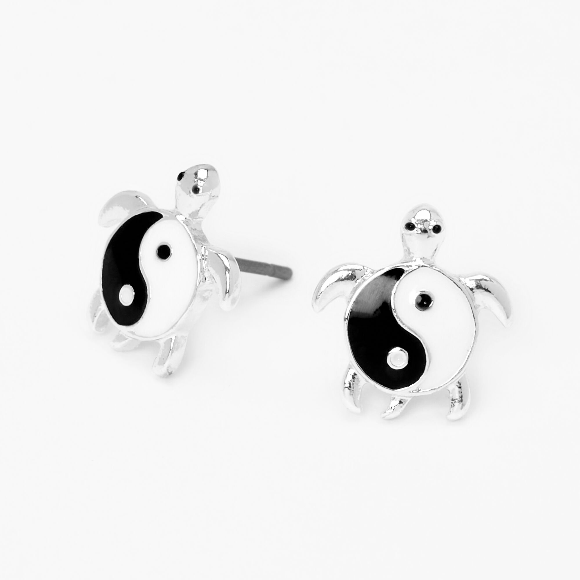 Silver Turtle Yin Yang Stud Earrings,
