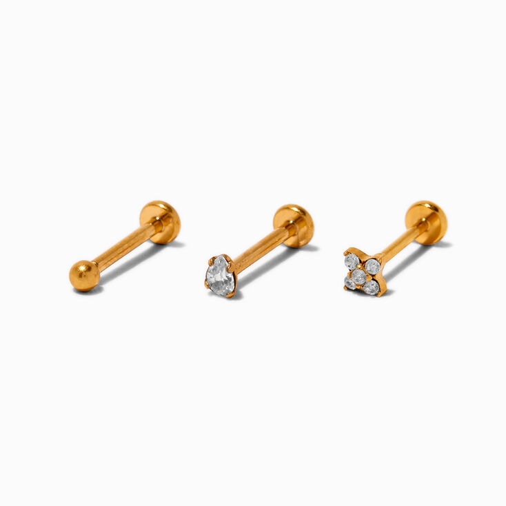 Gold-tone Titanium Cubic Zirconia 18G Stud Threadless Tragus Earrings - 3 Pack,