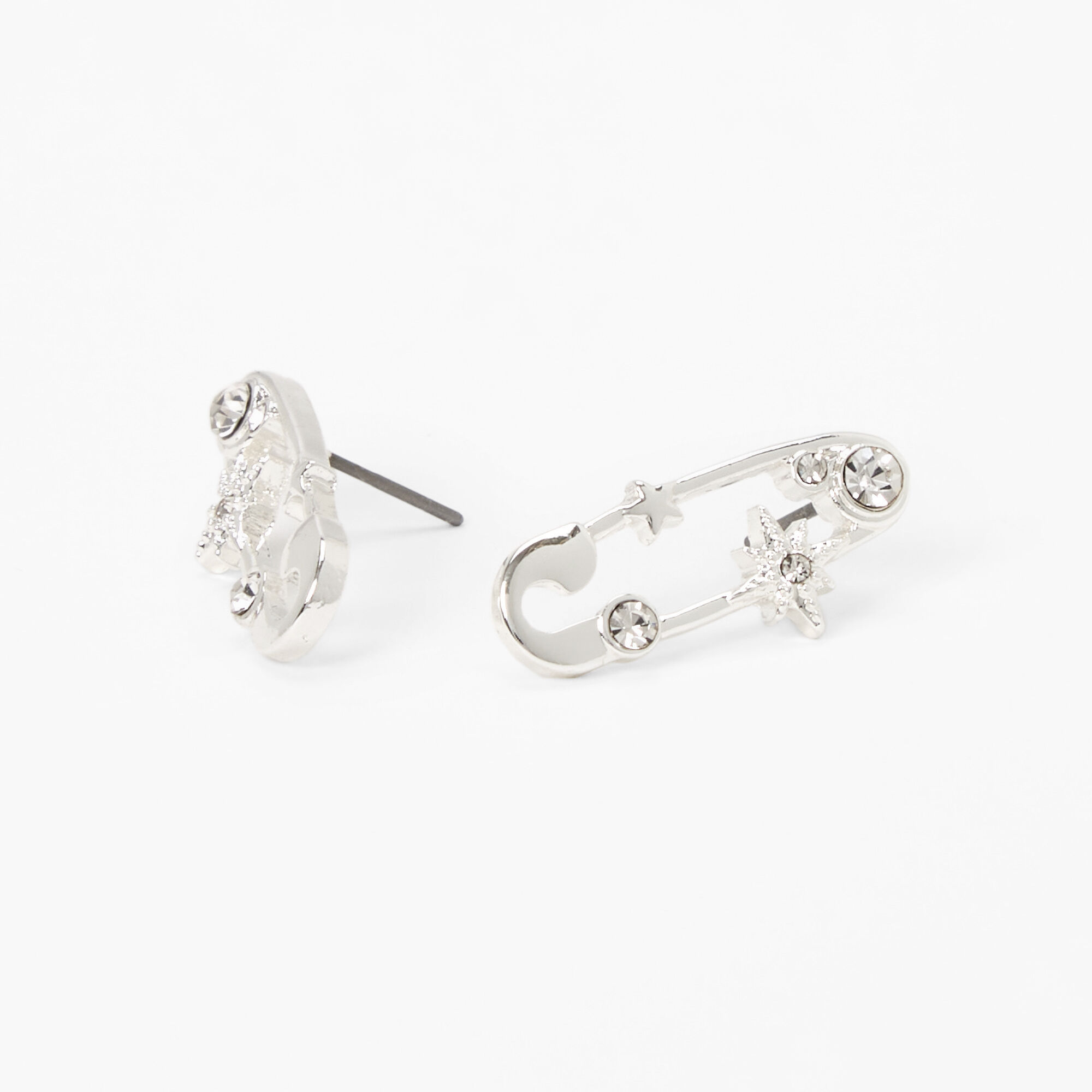 Silver Embellished Starburst Safety Pin Stud Earrings