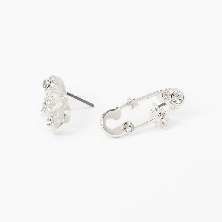 Silver Embellished Starburst Safety Pin Stud Earrings