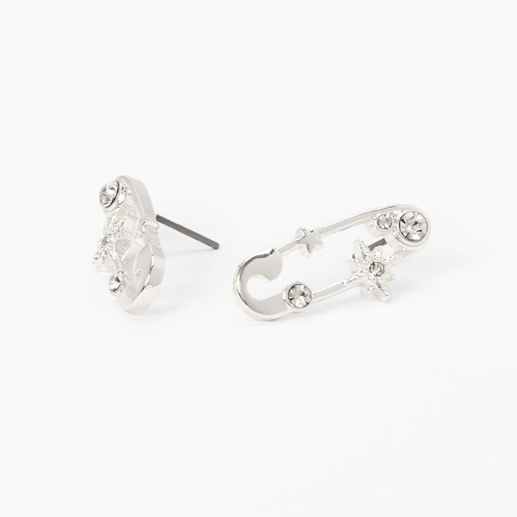 Silver Embellished Starburst Safety Pin Stud Earrings,