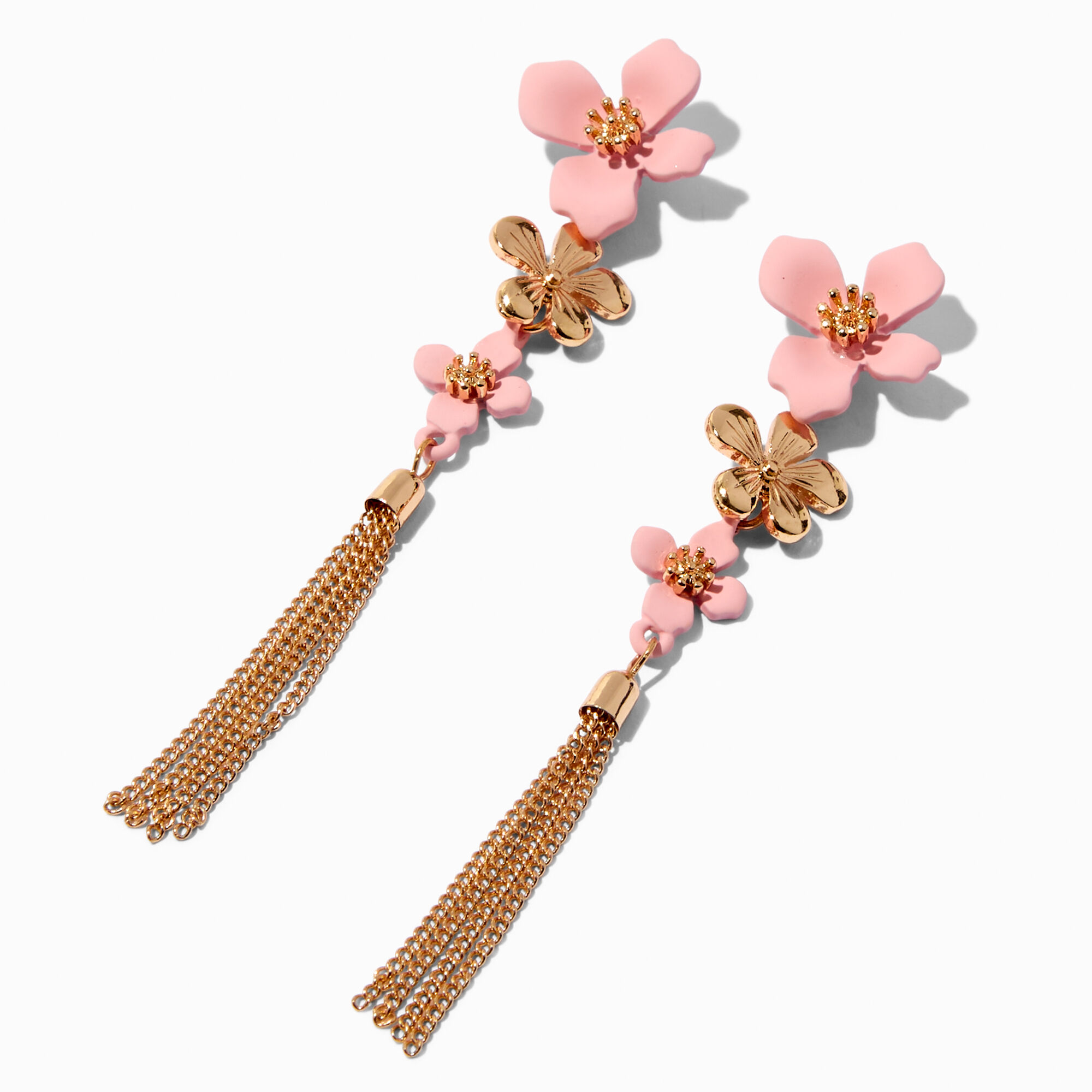 View Claires GoldTone Fringe Coated Flower 4 Long Drop Earrings Pink information