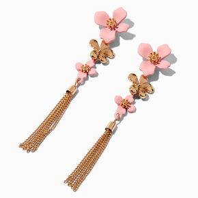 Gold-tone Fringe Pink Coated Flower 4&quot; Long Drop Earrings,