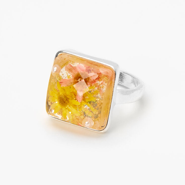 Silver Square Pressed Flower Ring,