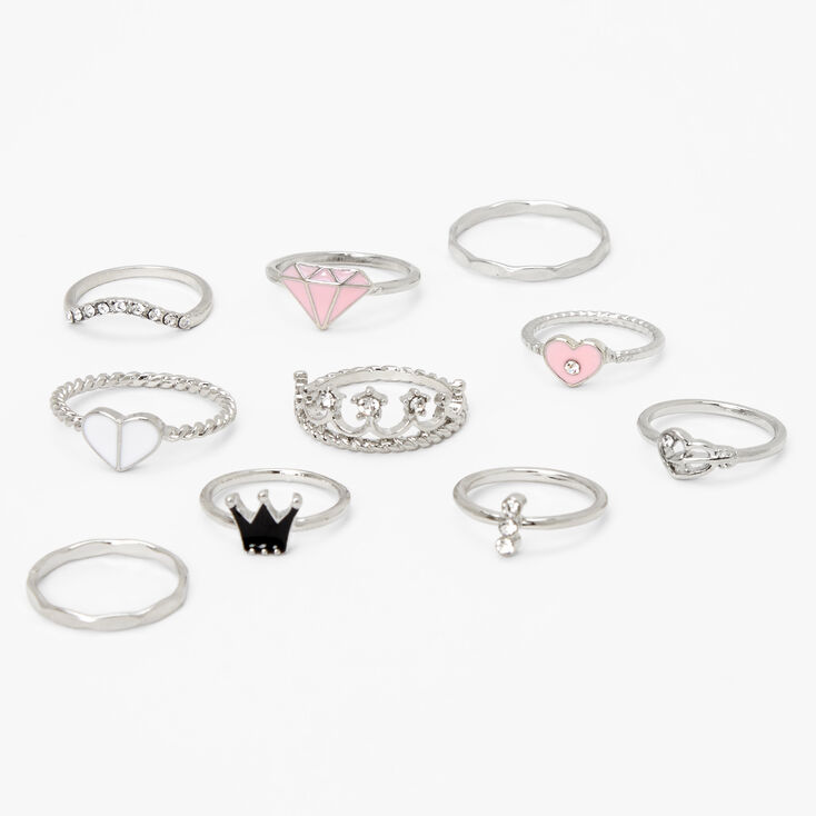 Silver Mixed Princess Crown Rings - Pink, 10 Pack,