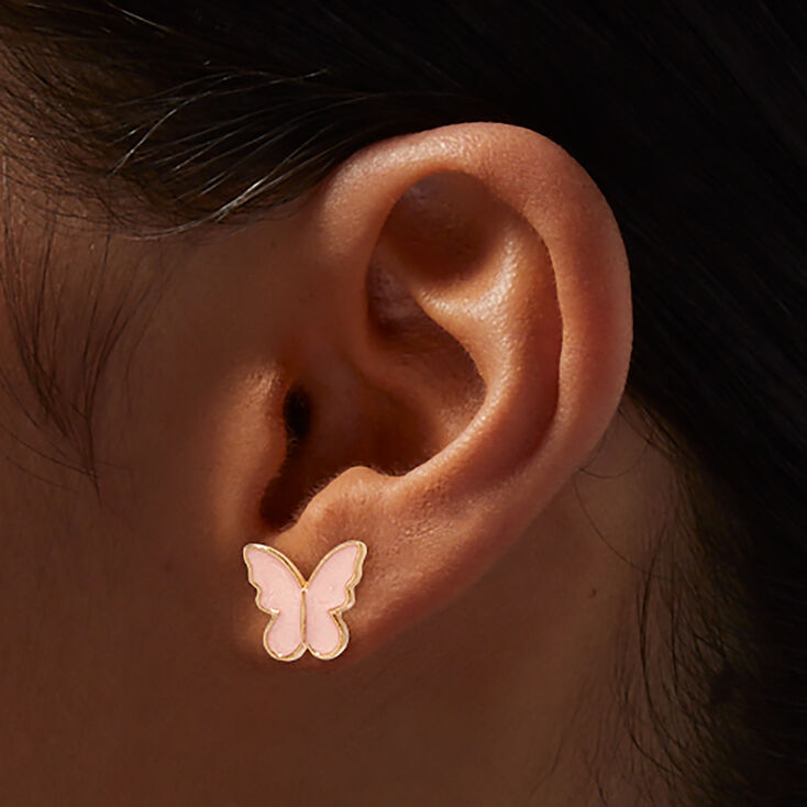 Clous d&rsquo;oreilles papillons roses,