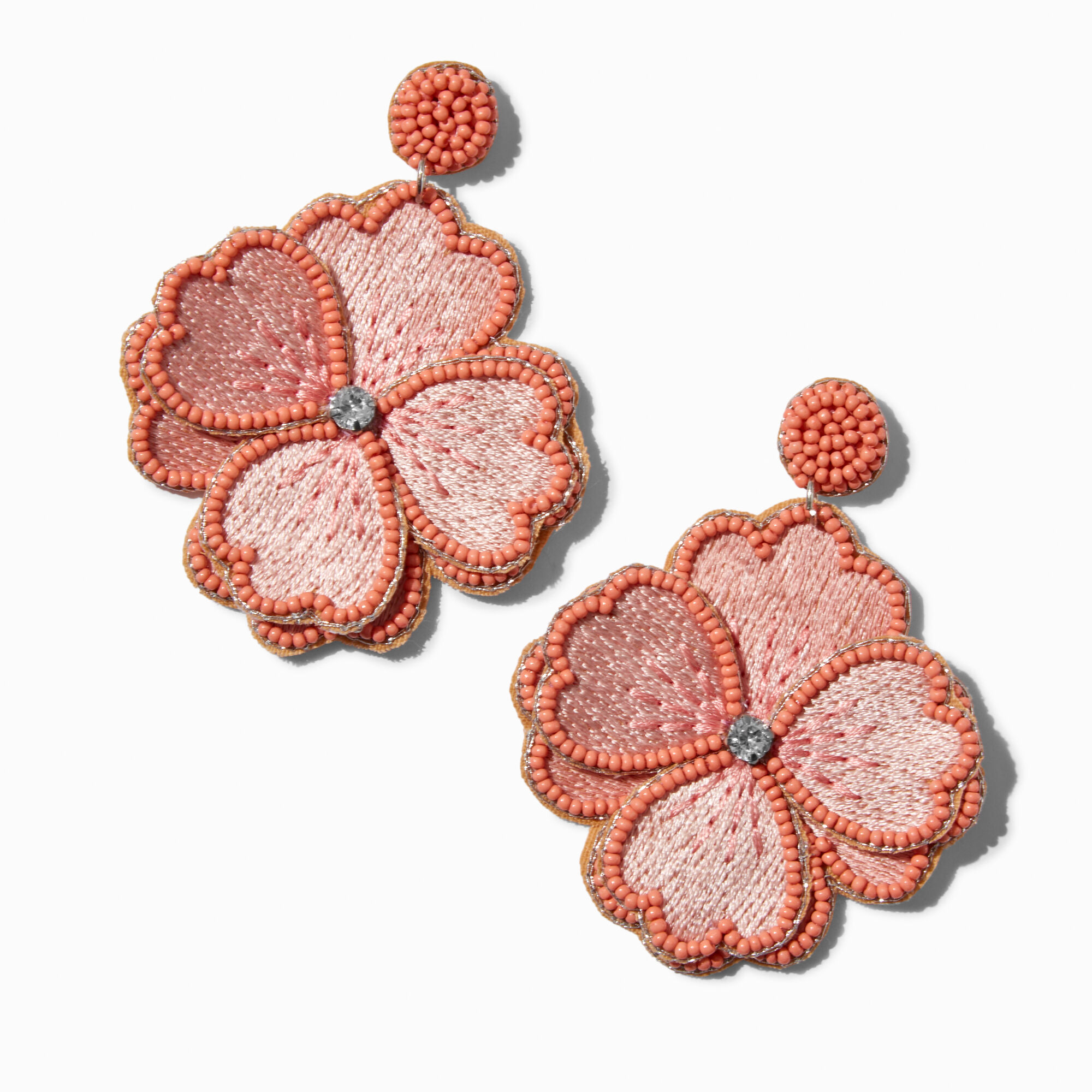 View Claires Embroidered Flower Drop Earrings Pink information