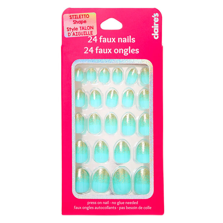 Glitter Fade French Tip Stiletto Press On Faux Nail Set - Mint, 24 Pack,