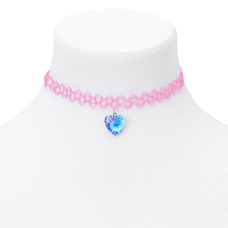 Pink Tie Dye Heart Tattoo Choker Necklace,
