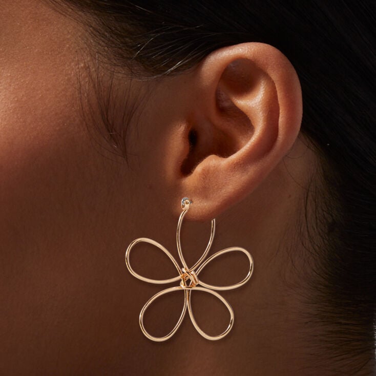 Gold-tone Wire Flower Hoop Earrings ,