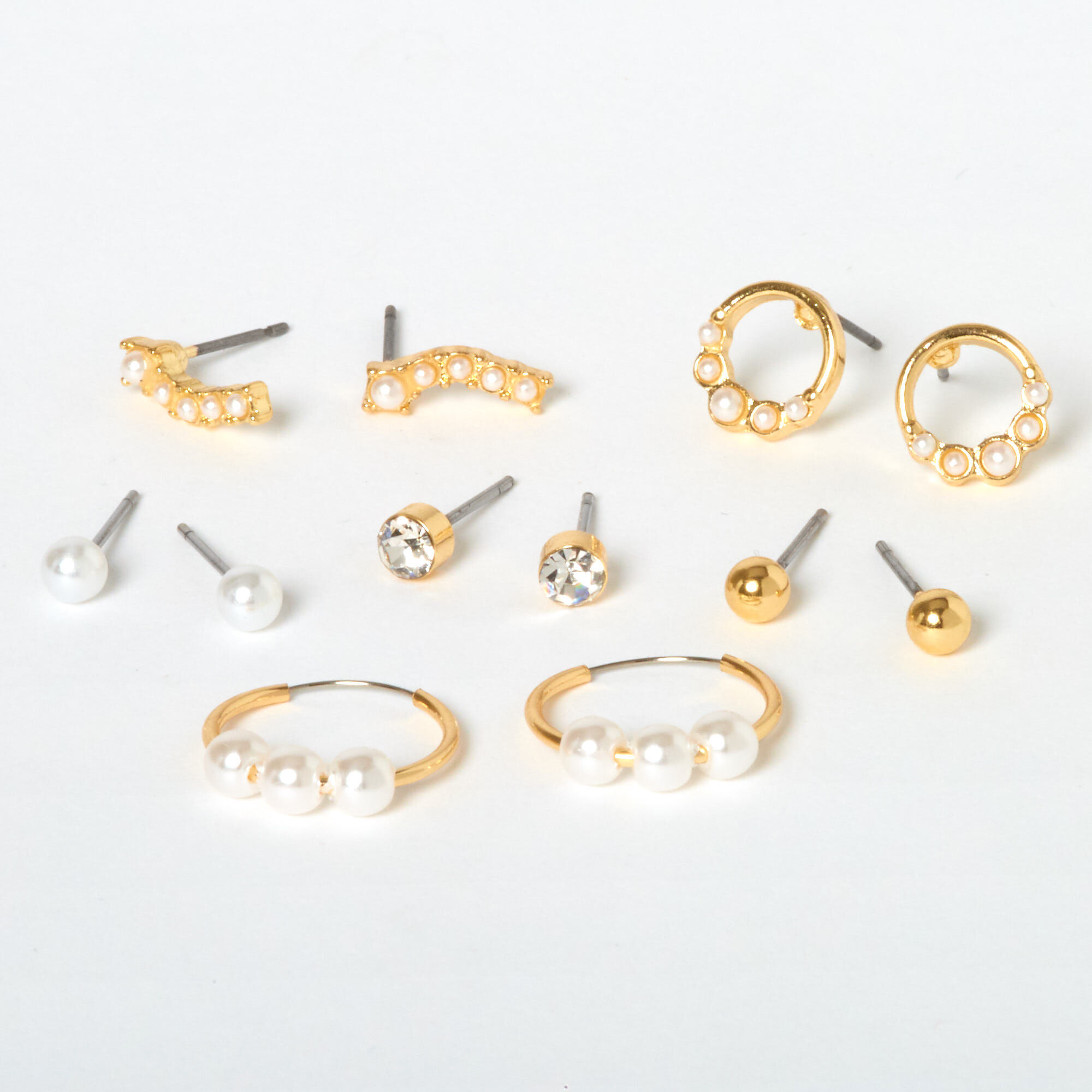 Gold Classic Pearl Mixed Earrings - Ivory, 6 Pack,