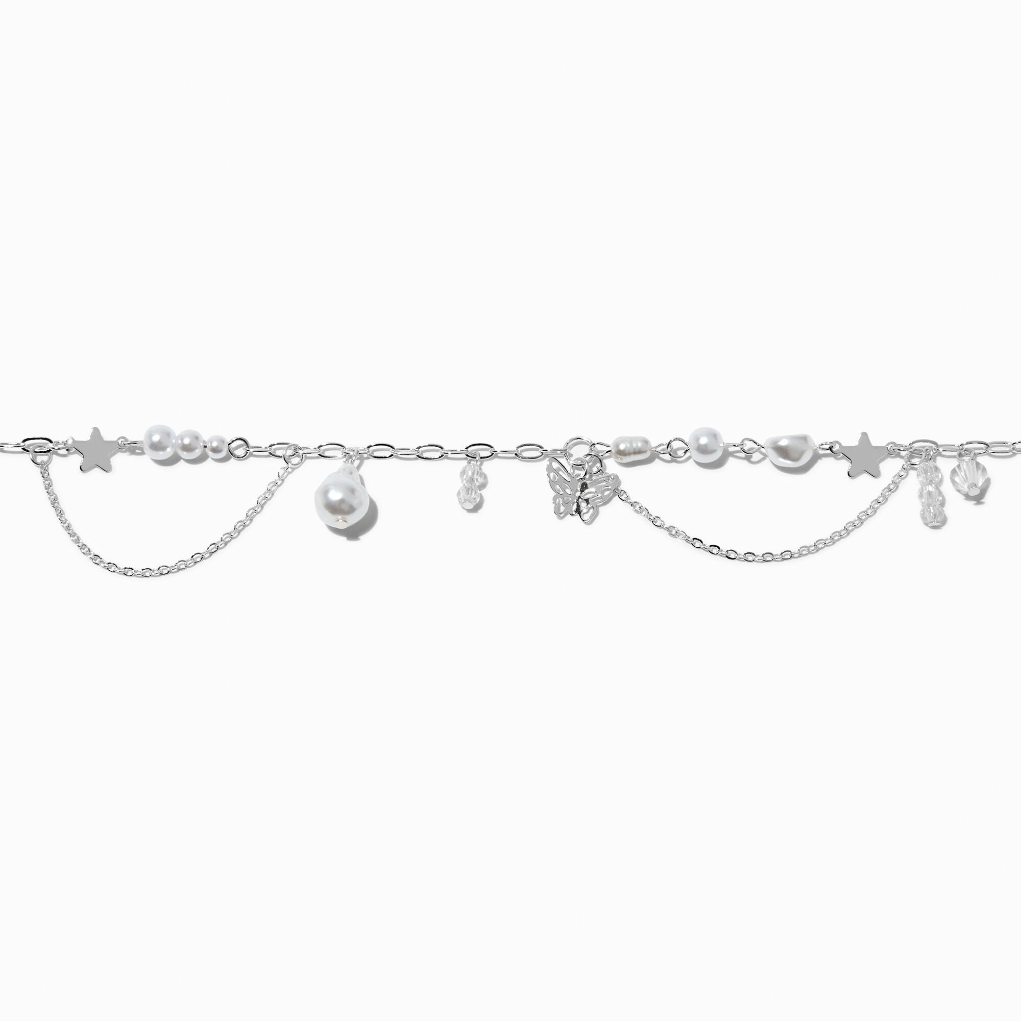 View Claires Tone Pearl Butterfly Choker Necklace Silver information