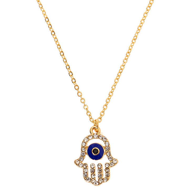 Gold Hamsa Hand Pendant Necklace - Blue,
