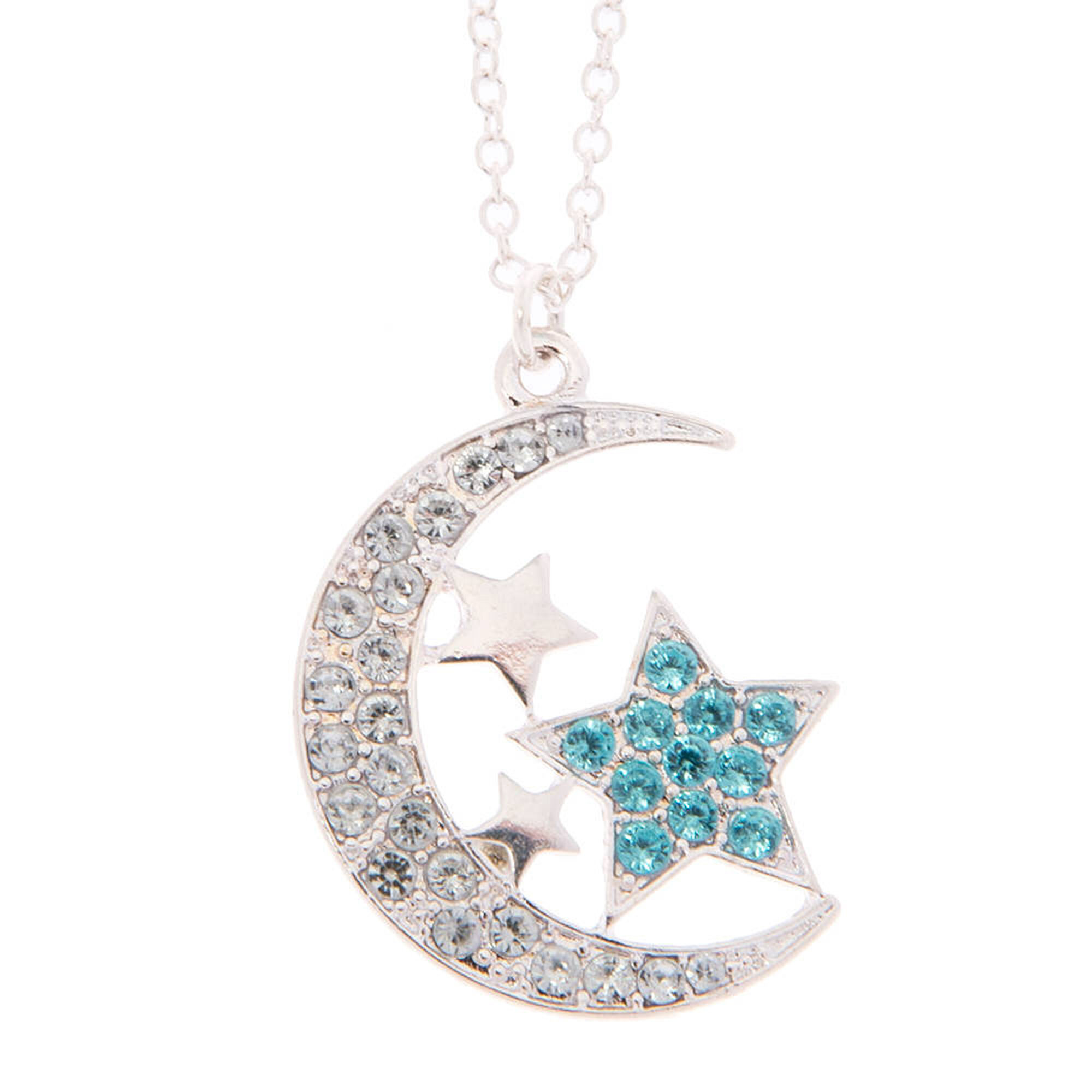 Silver Crystal Accent Crescent Moon and Stars Pendant Necklace | Claire ...