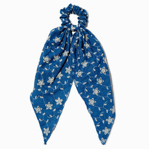 Chouchou foulard en denim floral brod&eacute;,