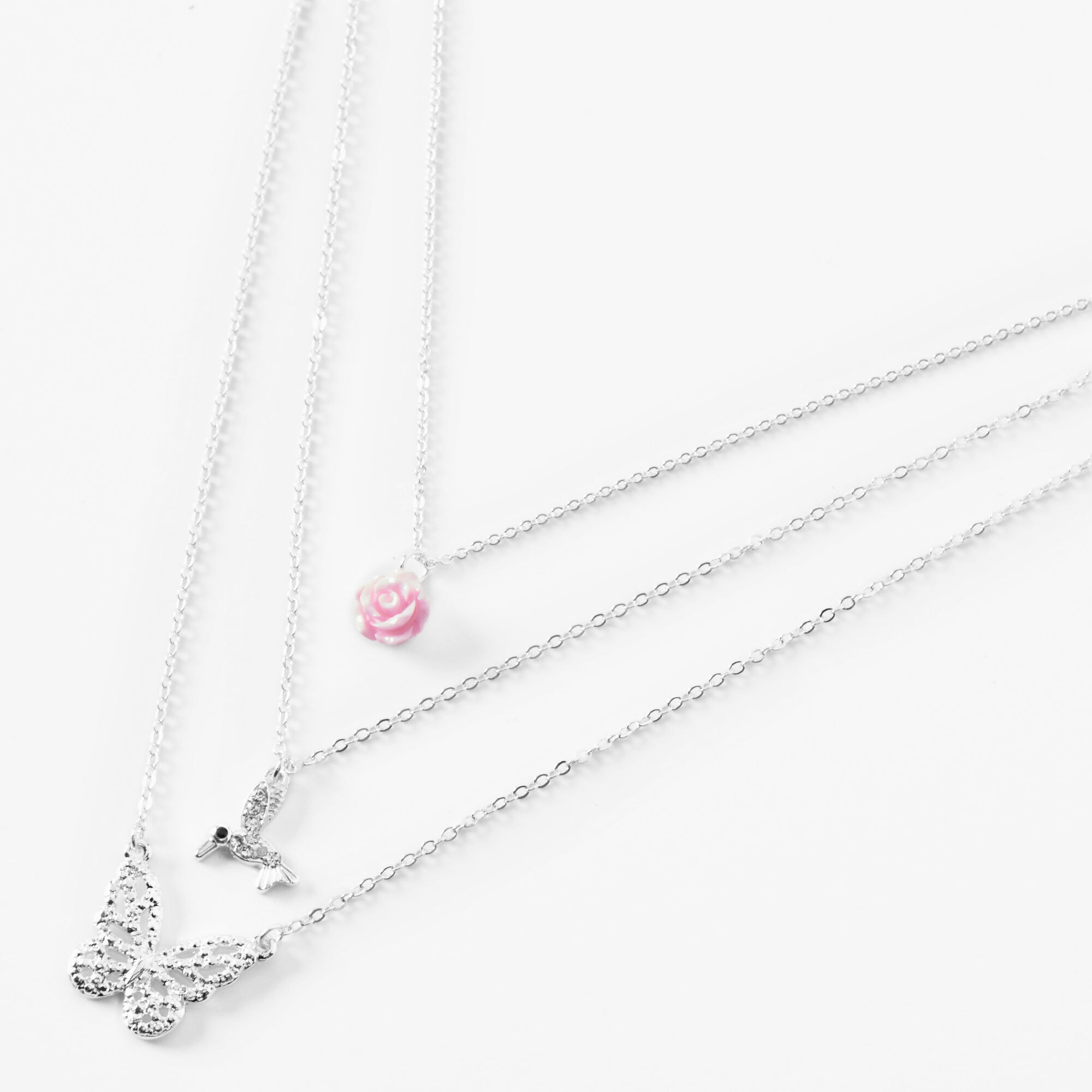 Silver Rose Hummingbird Butterfly Chain Multi Strand Necklace