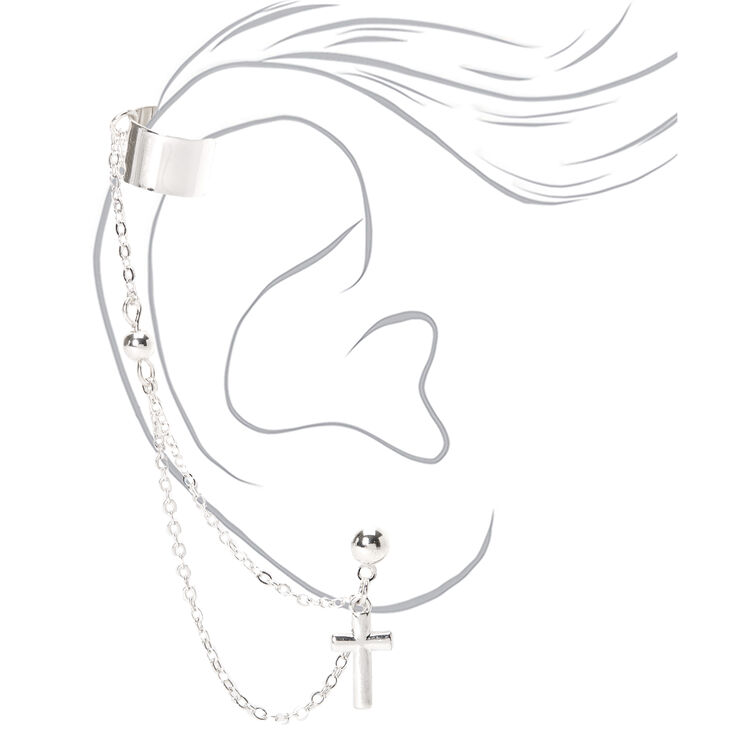 Silver Cross Cuff Connector Earring,