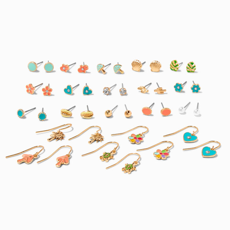 Gold Tropical Stud &amp; Drop Earrings - 20 Pack,