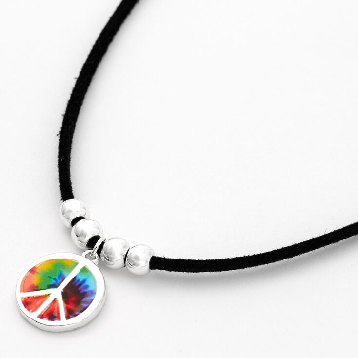 Silver Tie Dye Peace Sign Cord Pendant Necklace - Black,