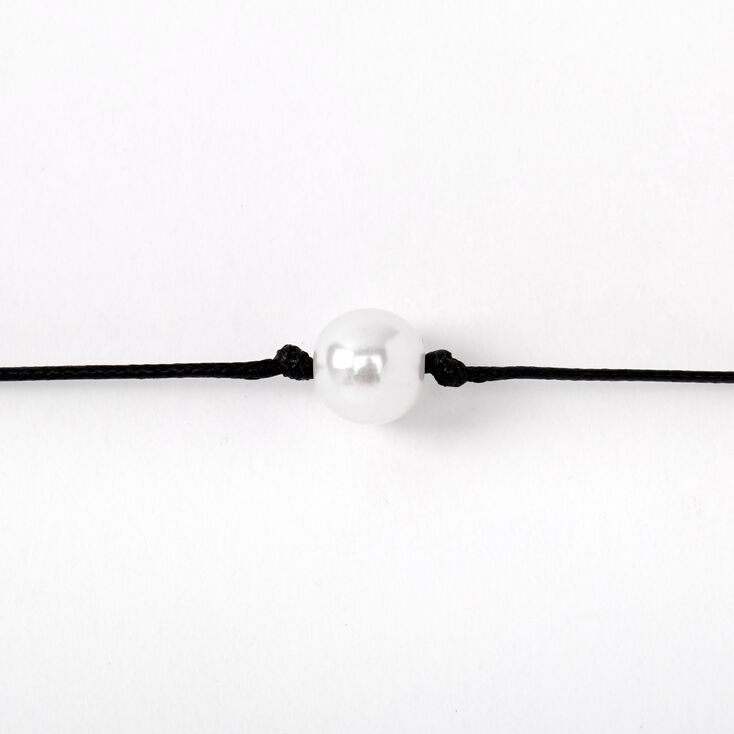 Single Pearl Cord Choker Necklace - Black,