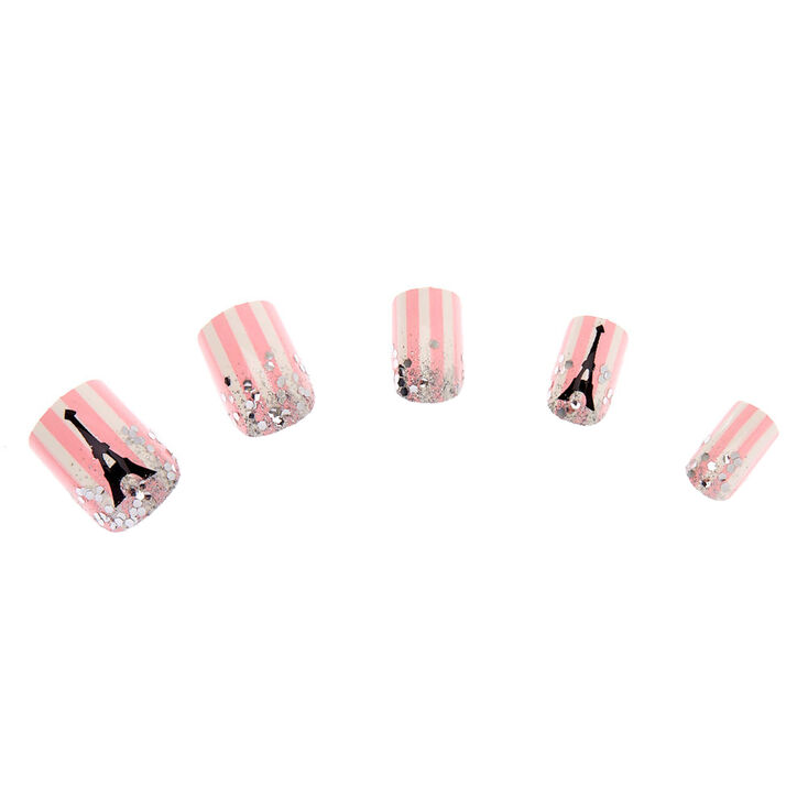 Striped Glitter Eiffel Tower Square Faux Nail Set - Pink, 24 Pack,