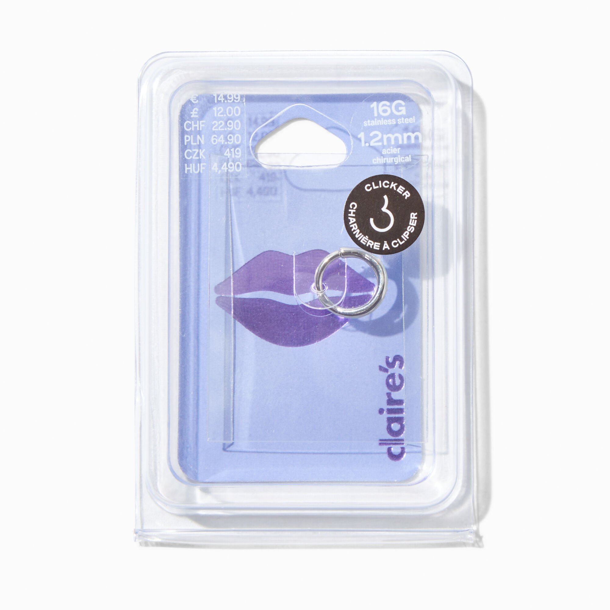 Silver-tone Stainless Steel Cubic Zirconia Opalescence Clicker Lip Ring,