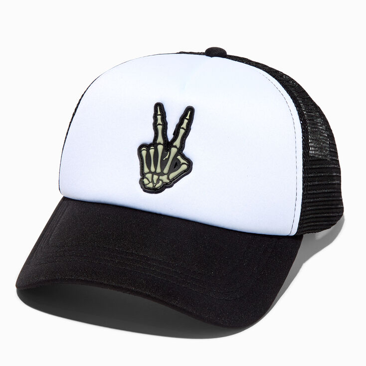 Skeleton Peace Sign Glow in the Dark Trucker Hat,