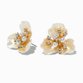 Pearl &amp; Crystal Flower Gold-tone Stud Earrings,