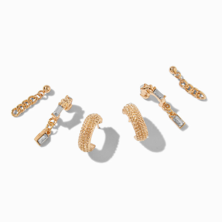 Boucles d&rsquo;oreilles superposables cha&icirc;ne de strass fantaisie couleur dor&eacute;e - Lot de 3,