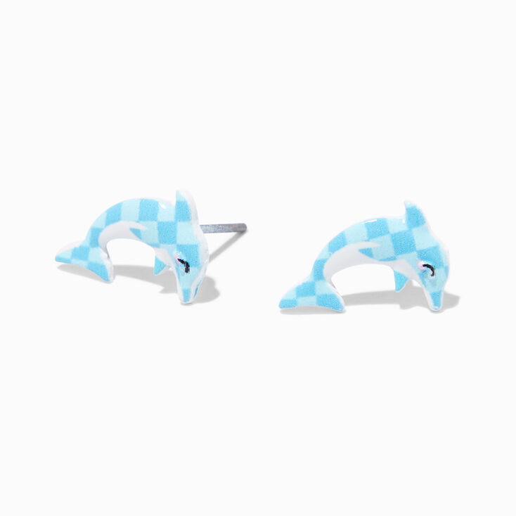 Blue Checkered Dolphin Stud Earrings,