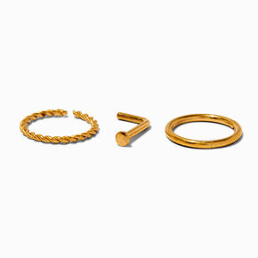 18k Yellow Gold Plated Titanium 18G Nose Stud &amp; Mixed Hoops - 3 Pack,