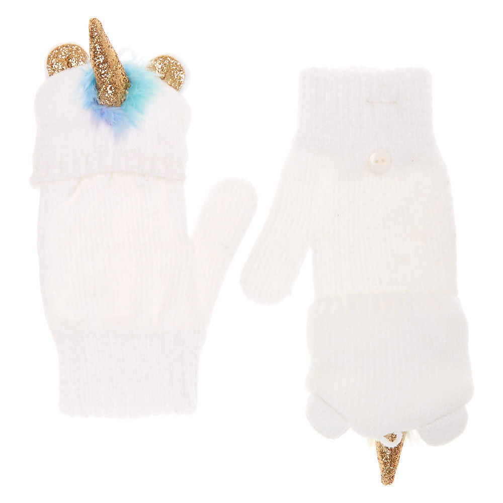 Rainbow Faux Fur Unicorn Fingerless Gloves With Mitten Flap - White,