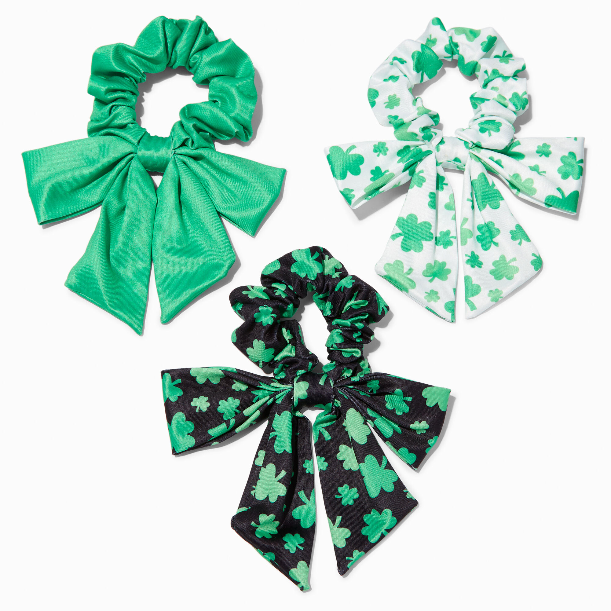 Small St. Patrick's Day Green Shamrock Bow Hair Scrunchies - 3 Pack,