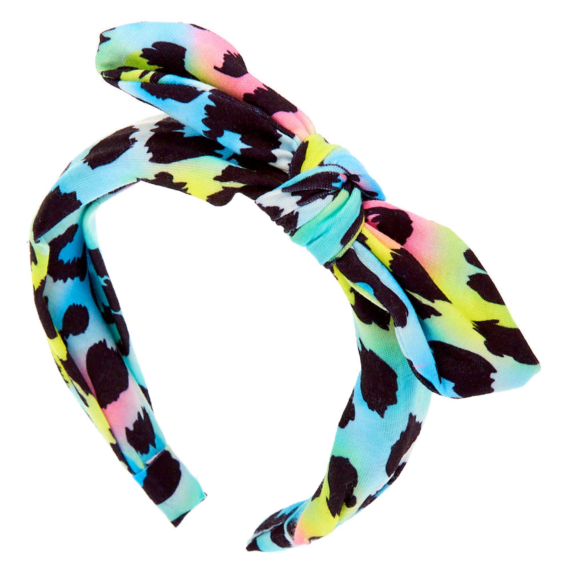 View Claires Retro Leopard Knotted Bow Headband Rainbow information