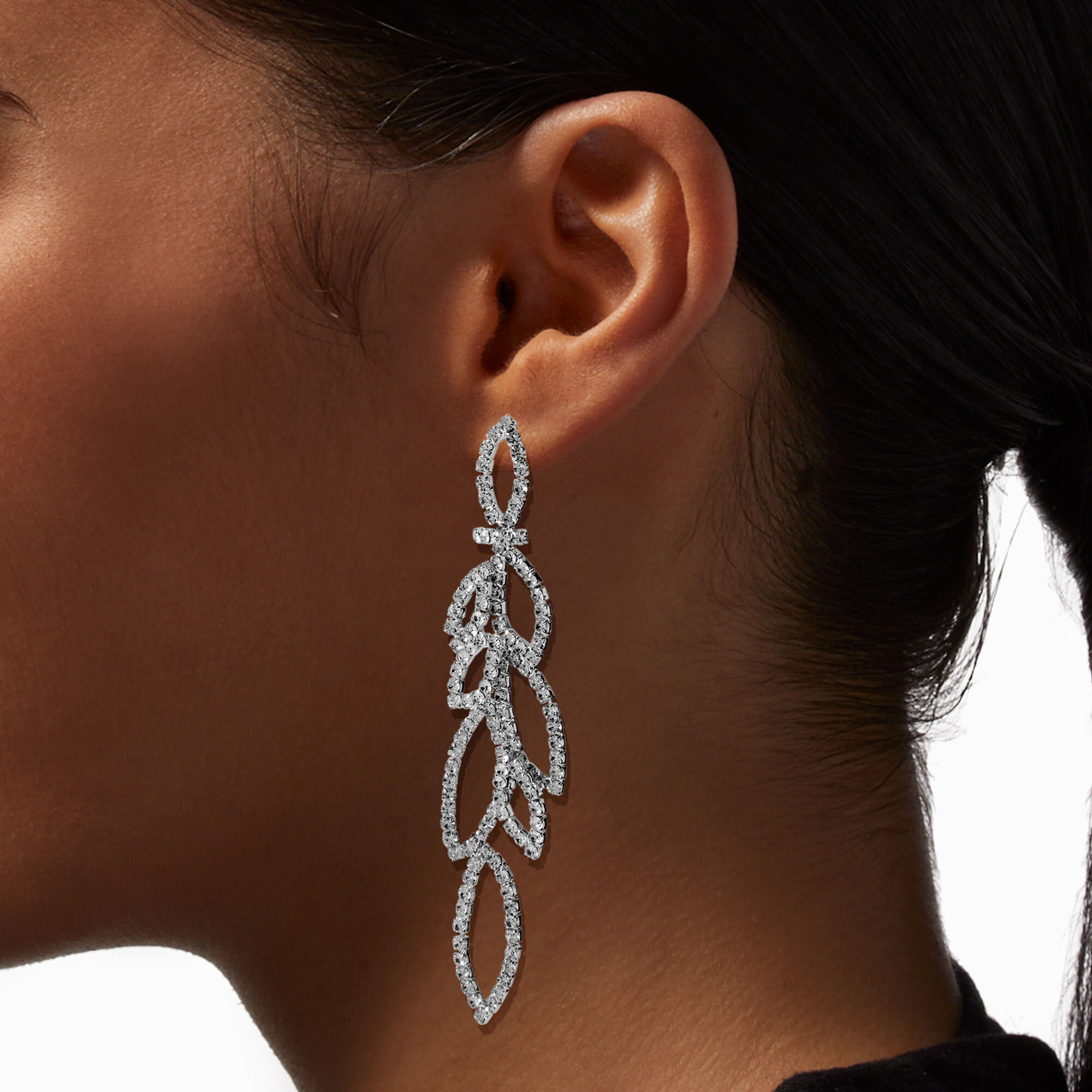 Rhinestone Leaves 3.5" Linear Drop Earrings