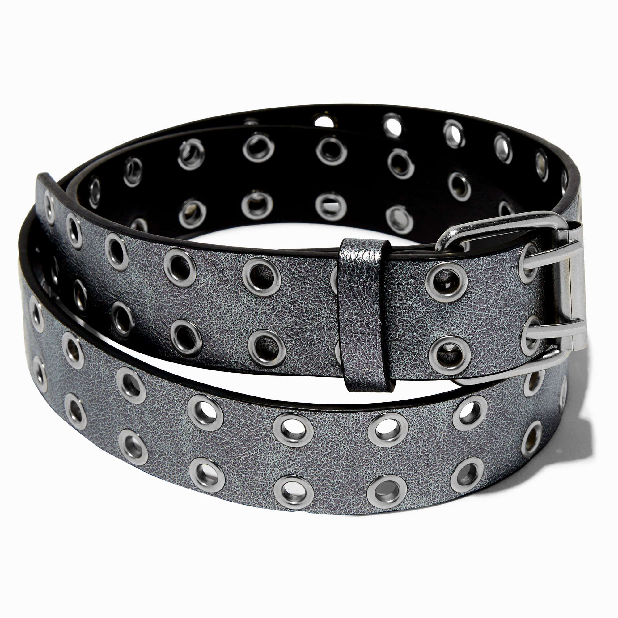 Silver tone Washer Grommet Black Belt