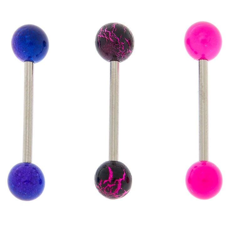 Silver 14G Metallic Barbell Tongue Rings - 3 Pack,