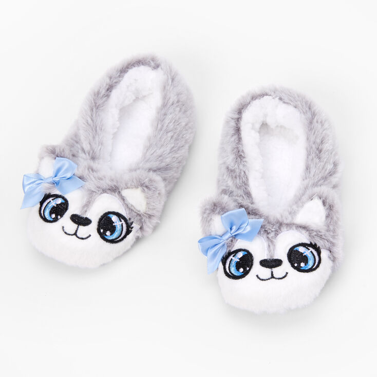 Gray Husky Dog Plush Youth Slippers - S/M,