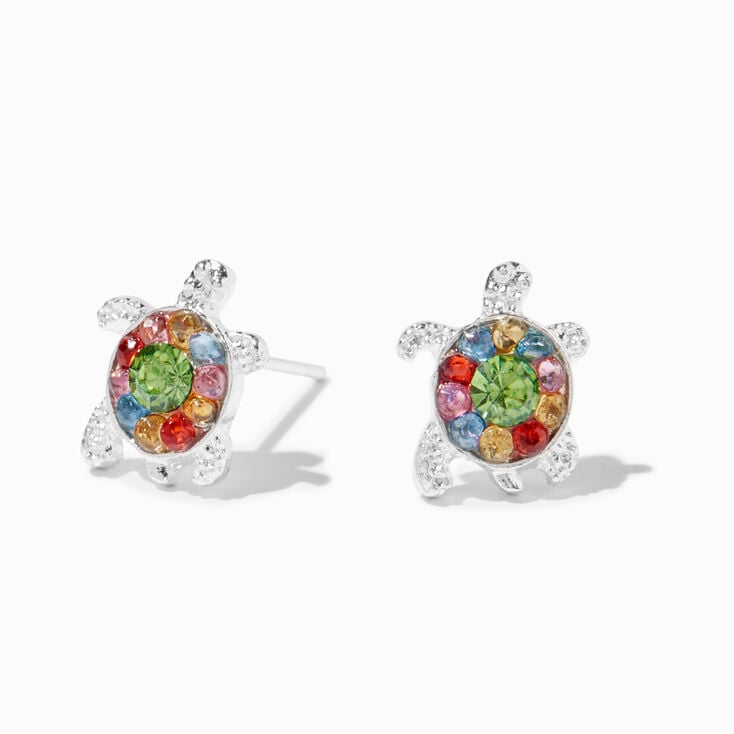 Silver Turtle Rainbow Stone Stud Earrings,