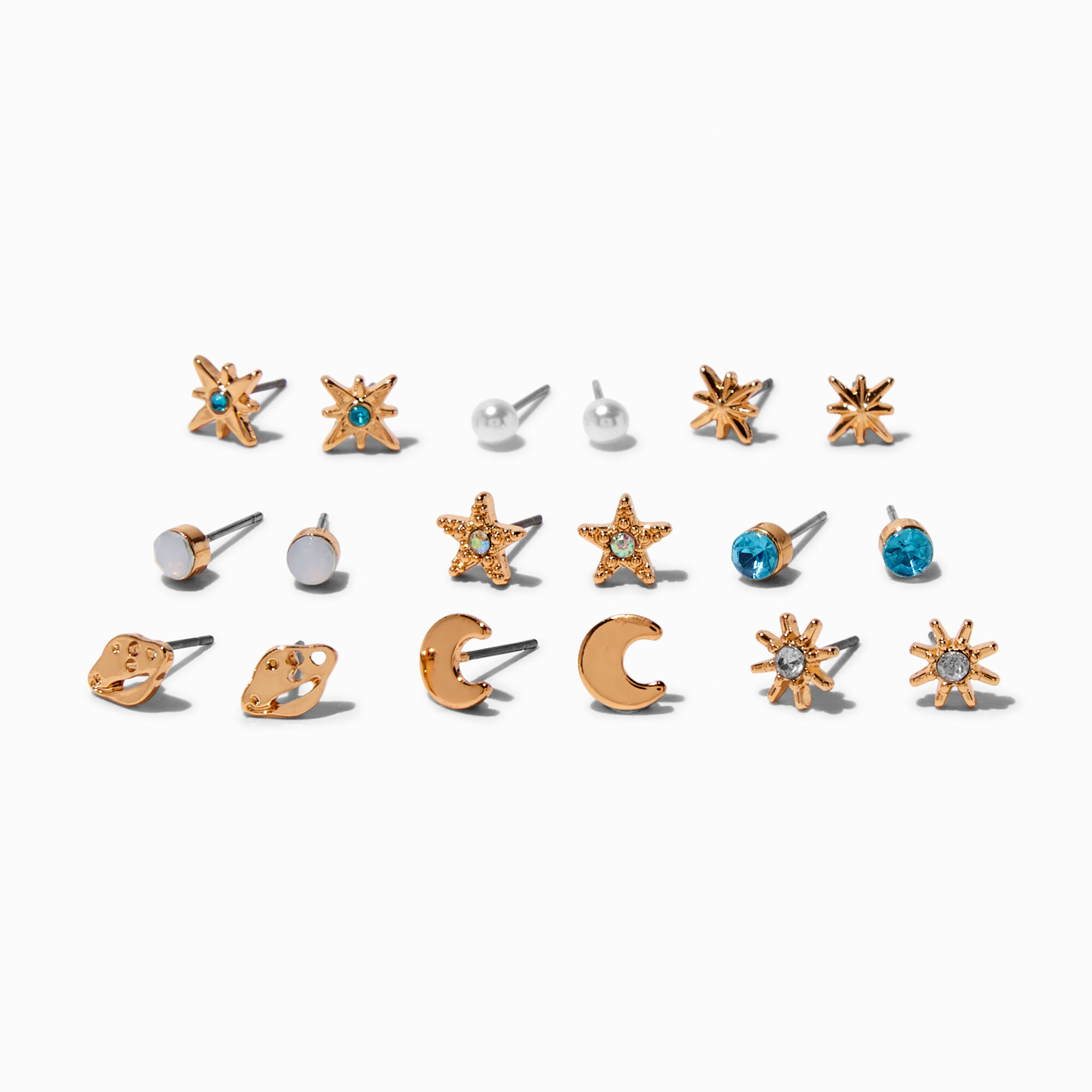 View Claires Tone Celestial Stud Earrings 9 Pack Gold information