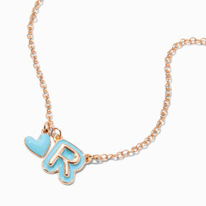 Collier &agrave; pendentif c&oelig;ur &agrave; initiale bulle bleu - R,
