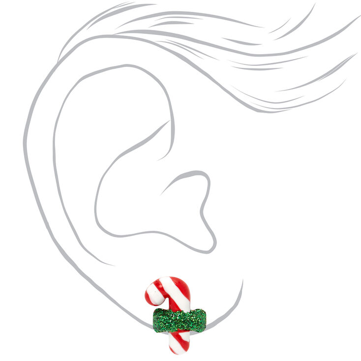 Glitter Bow Candy Cane Stud Earrings - Green,